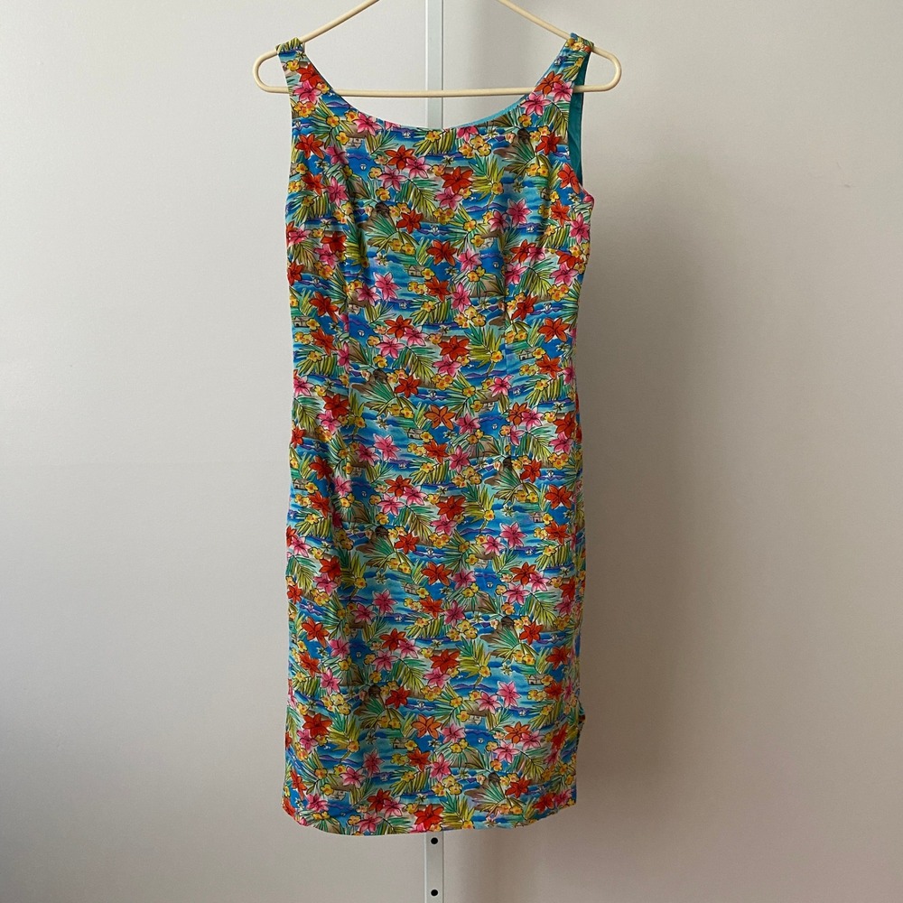 Maggy‎ London 4 Blue Floral Silk Sheath Dress Tropical Sleeveless Summer Retro